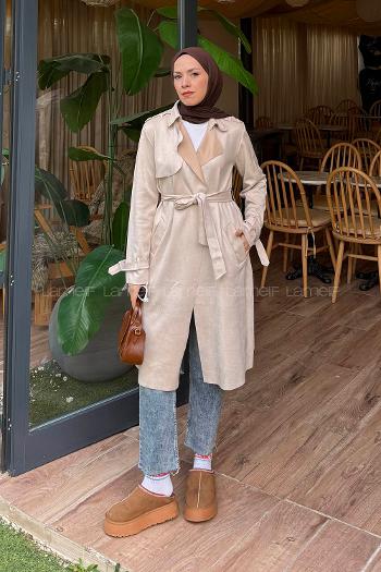 Lamelif Omuz Apoletli Süet Trençkot Taş Rengi