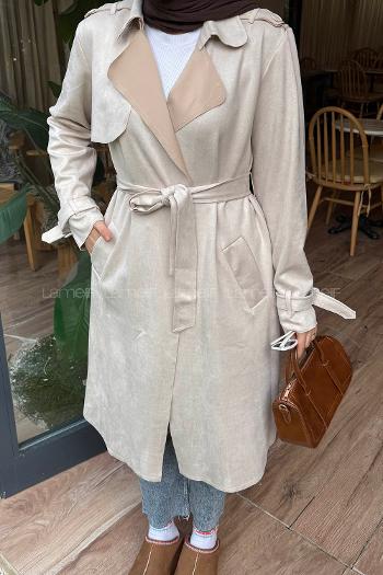 Lamelif Omuz Apoletli Süet Trençkot Taş Rengi