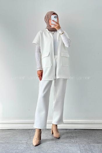 Lamelif Scuba Yelekli Tesettür Takım Beyaz