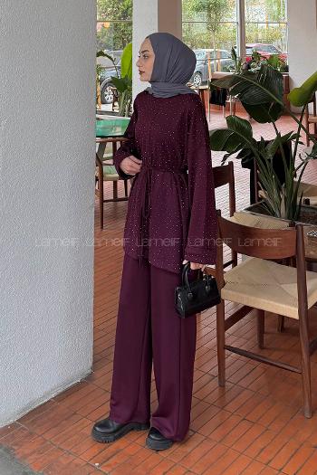 Lamelif Taşlı İkili Takım Bordo