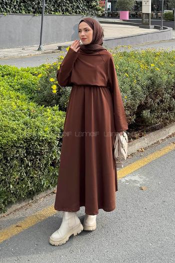 Lamelif Yarasa Kol Etekli Tesettür Takım Kahverengi