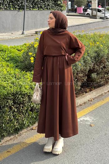 Lamelif Yarasa Kol Etekli Tesettür Takım Kahverengi
