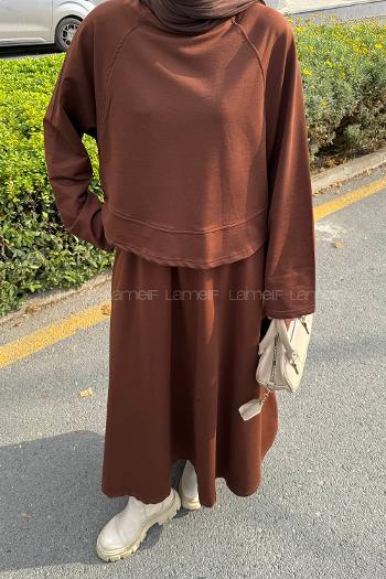 Lamelif Yarasa Kol Etekli Tesettür Takım Kahverengi
