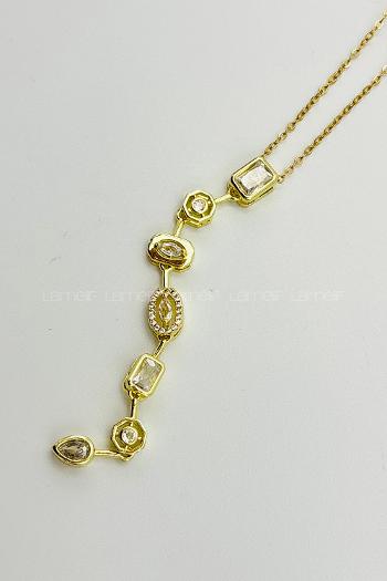 Lamelif Gold Minimalist Kristal Taşlı Y Kolye