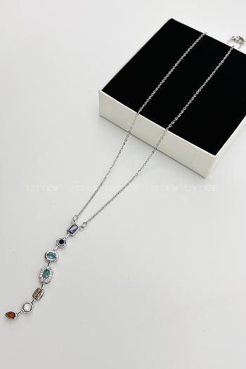 Lamelif Gümüş Çokrenkli Minimalist Kristal Taşlı Y Kolye