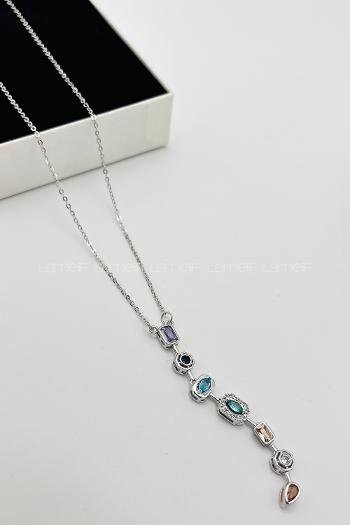 Lamelif Gümüş Çokrenkli Minimalist Kristal Taşlı Y Kolye