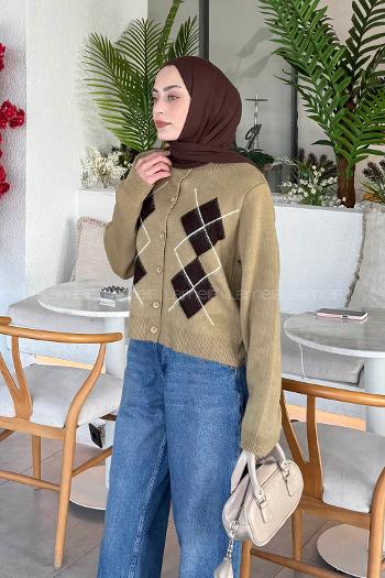 Lamelif Baklava Desen Düğmeli Hırka Haki