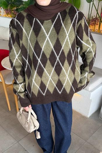 Lamelif Baklava Desen Şardonlu Kazak Acı Kahve