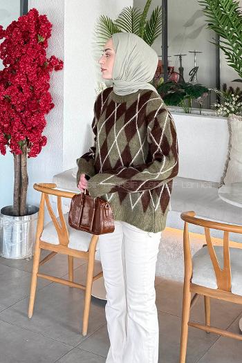 Lamelif Baklava Desen Şardonlu Kazak Haki