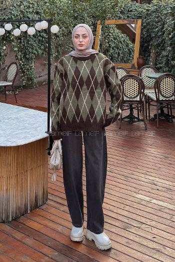 Lamelif Baklava Desen Şardonlu Kazak Kahverengi