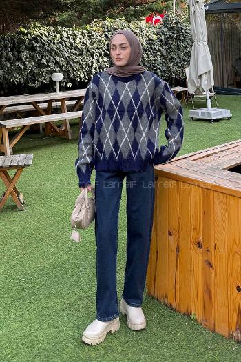 Lamelif Baklava Desen Şardonlu Kazak Lacivert