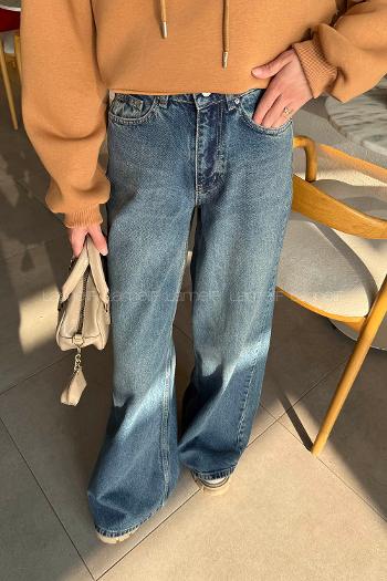 Lamelif Bol Paça Pantolon Mavi Yıkama