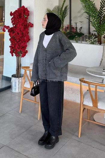 Gray V Neck Long Arm Acrylic Cotton Knitwear Cardigan