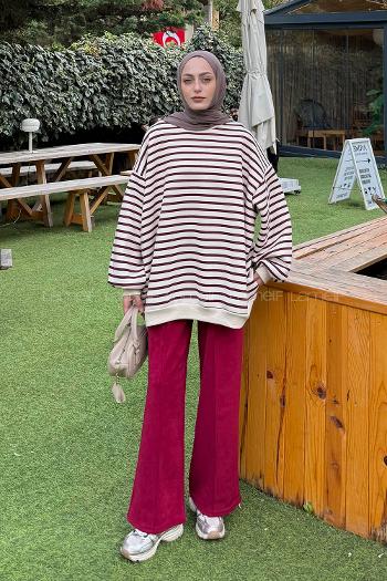Lamelif Çizgili Oversize Sweatshirt Bordo