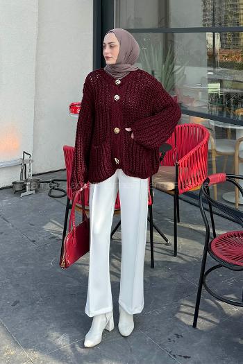 Claret Red Crew Neck Long Arm Acrylic Cardigan