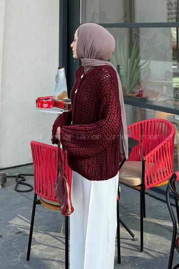 Claret Red Crew Neck Long Arm Acrylic Cardigan