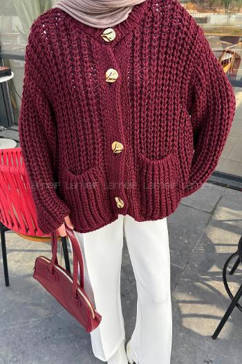 Claret Red Crew Neck Long Arm Acrylic Cardigan