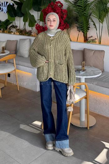 Khaki Crew Neck Long Arm Acrylic Cardigan