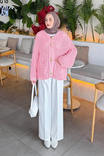 Lamelif Gold Düğme Detaylı Cepli Hırka Şeker Pembe