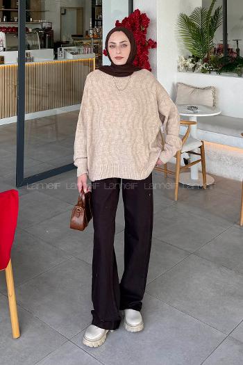 Lamelif Kendinden Desenli Triko Kazak Bej