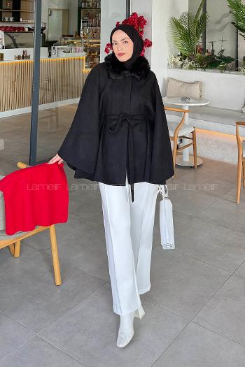 Lamelif Kürk Yaka Panço Siyah