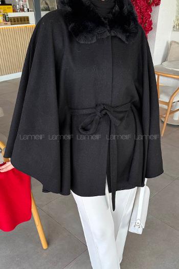 Lamelif Kürk Yaka Panço Siyah