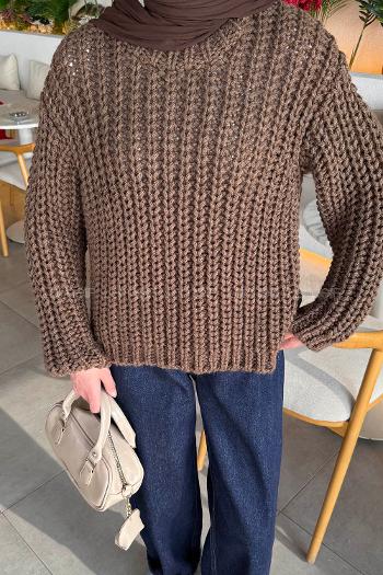 Lamelif Örgülü Kalın Kazak Acı Kahve