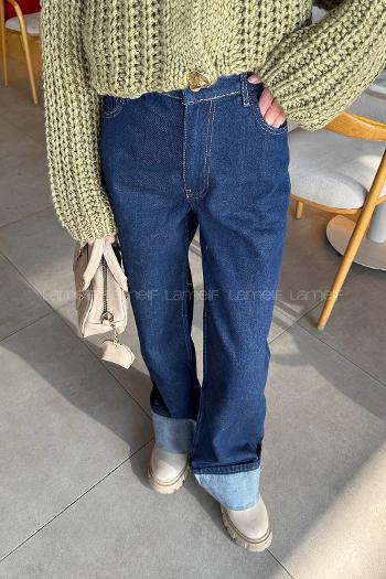 Lamelif Paçası Katlı Kot Pantolon Koyu Mavi