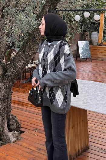 Lamelif Polo Yaka Baklava Desen Kazak Gri