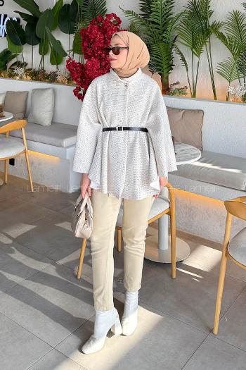 Lamelif Tesettür Kemerli Panço Ekru