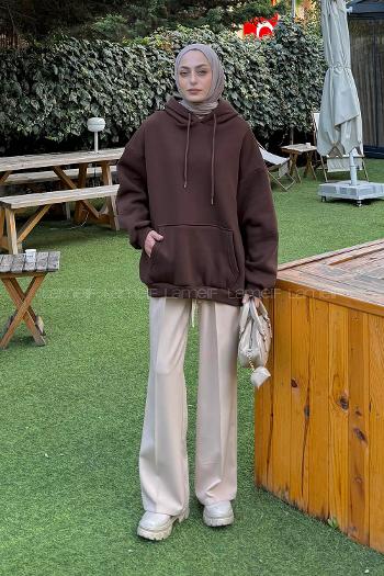 Lamelif Üç İplik Kanguru Cep Sweatshirt Acı Kahve