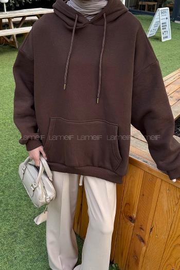 Lamelif Üç İplik Kanguru Cep Sweatshirt Acı Kahve