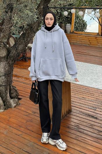 Lamelif Üç İplik Kanguru Cep Sweatshirt Açık Gri