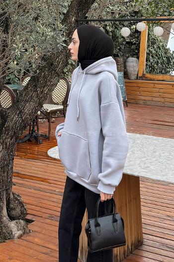 Lamelif Üç İplik Kanguru Cep Sweatshirt Açık Gri