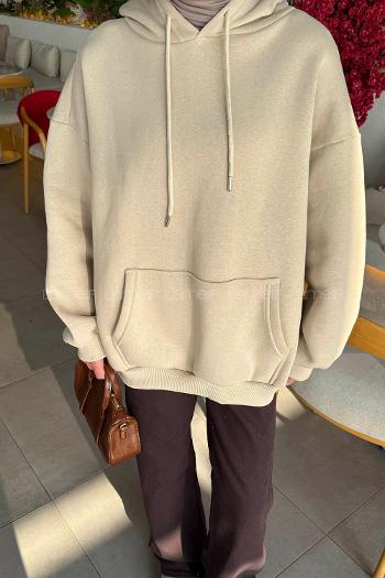 Lamelif Üç İplik Kanguru Cep Sweatshirt Bej