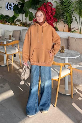 Lamelif Üç İplik Kanguru Cep Sweatshirt Camel