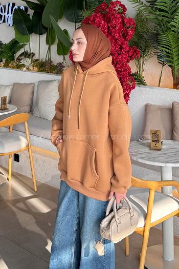 Lamelif Üç İplik Kanguru Cep Sweatshirt Camel