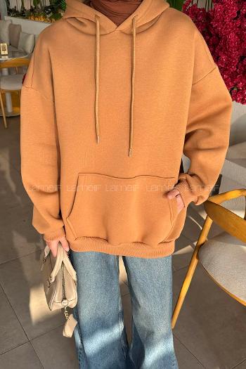 Lamelif Üç İplik Kanguru Cep Sweatshirt Camel