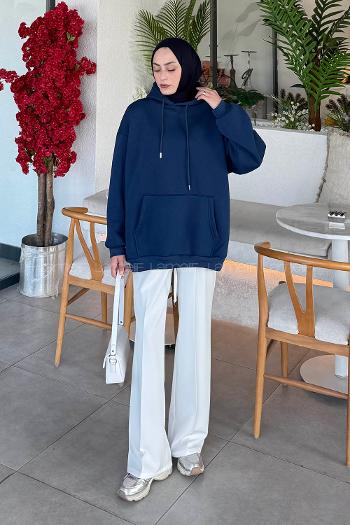 Lamelif Üç İplik Kanguru Cep Sweatshirt İndigo