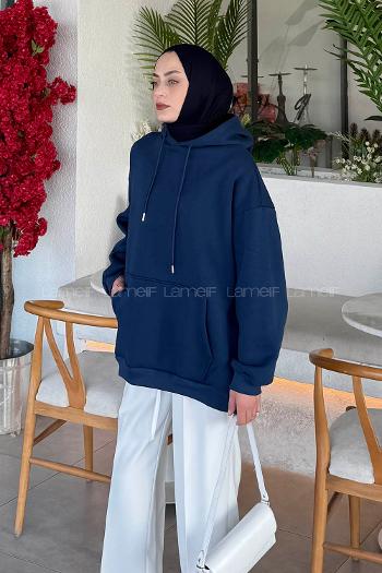 Lamelif Üç İplik Kanguru Cep Sweatshirt İndigo