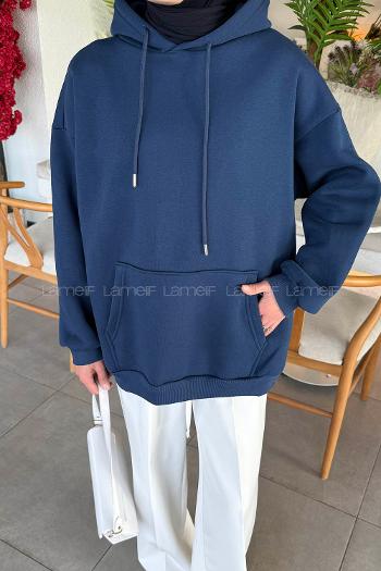 Lamelif Üç İplik Kanguru Cep Sweatshirt İndigo