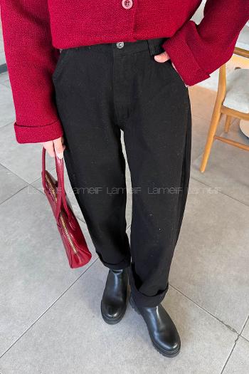 Lamelif Yan Cep Detaylı Boyfriend Pantolon Siyah