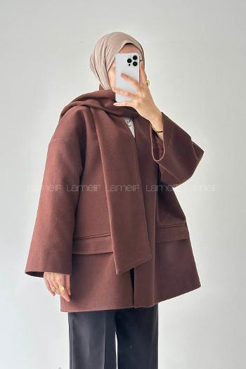 Lamelif Atkılı Kaşe Kaban Acı Kahve