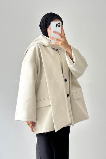 Lamelif Atkılı Kaşe Kaban Krem