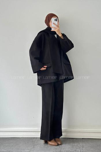 Lamelif Atkılı Kaşe Kaban Siyah