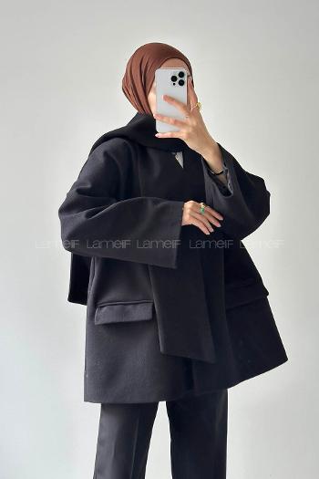 Lamelif Atkılı Kaşe Kaban Siyah