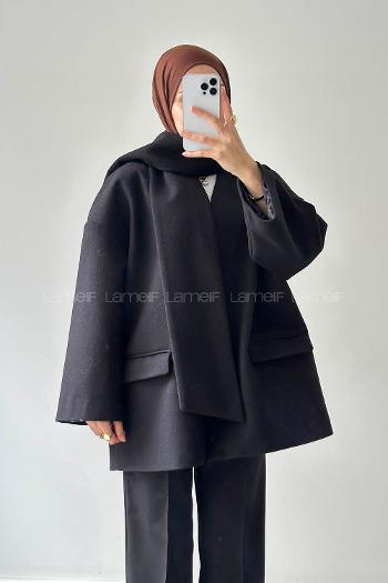 Lamelif Atkılı Kaşe Kaban Siyah