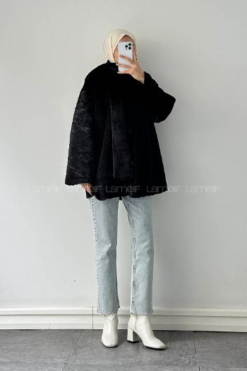 Lamelif Atkılı Peluş Mont Siyah