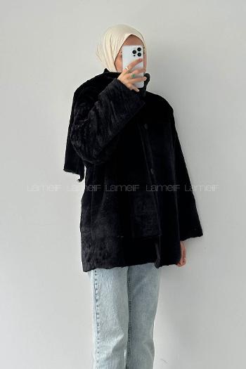 Lamelif Atkılı Peluş Mont Siyah