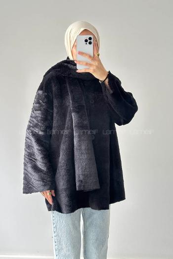 Lamelif Atkılı Peluş Mont Siyah